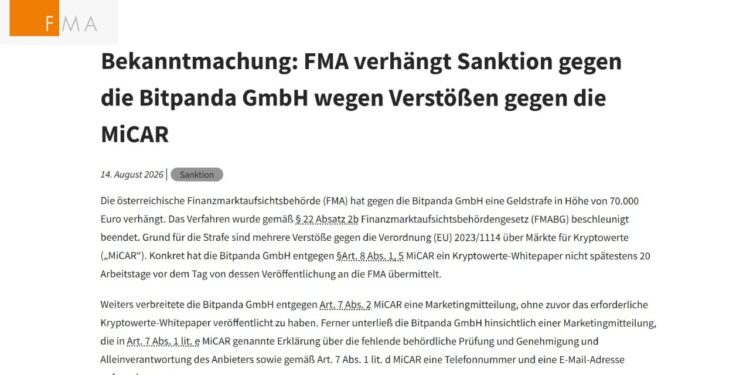 Austria Fines Bitpanda 70,000 Euros in First MiCA Crypto Penalty