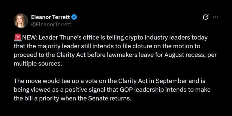 Thune to File Motion to Force September Vote on CLARITY Act