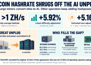Bitcoin Hashrate Shrugs off the AI Unplug, Regaining 1 ZH/s Level